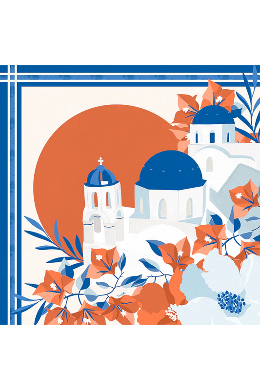 Lenço Santorini Pôr do Sol em Oia em cetim de seda | 40x40cm